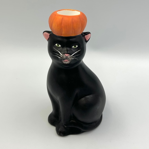 Halloween Black Cat Taper Candle Holder Pumpkin Hollow Oneida Ceramic - Picture 2 of 7